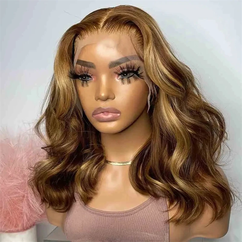 Short Bob Ash Blonde Lace Frontal Wig 100% Human Hair Brown Highlight 13x4 Water Wave HD Lace Front Human Hair Wigs For Women