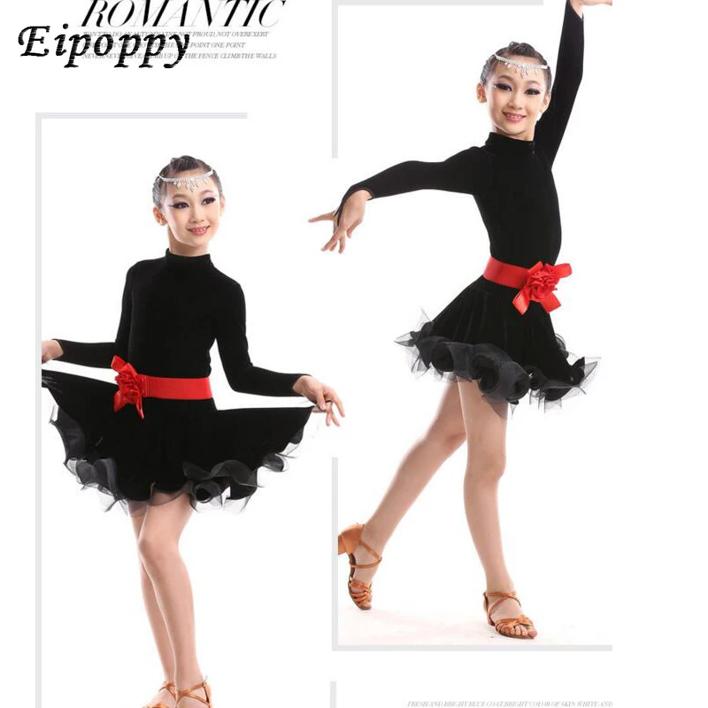 ชุดซัลซ่าสำหรับเด็กชุดลาตินสีดำเกรดสูงสำหรับเด็กผู้หญิงชุดเดรสเต้นรำเสื้อลูกไม้แขนยาวสง่างามชุดเดรสเต้นรำละติน