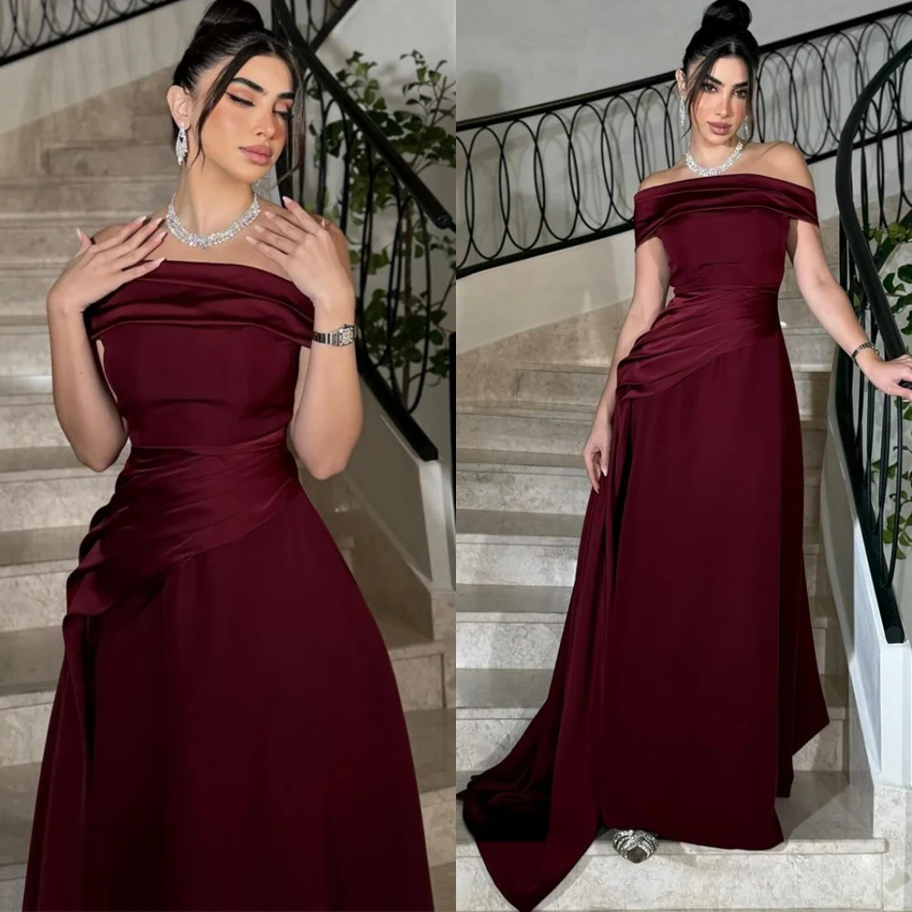 Customized Simple Burgundy Jersey Evening Dress Exquisite Off the Shoulder Prom Dresses Temperament Special Occasion Gowns