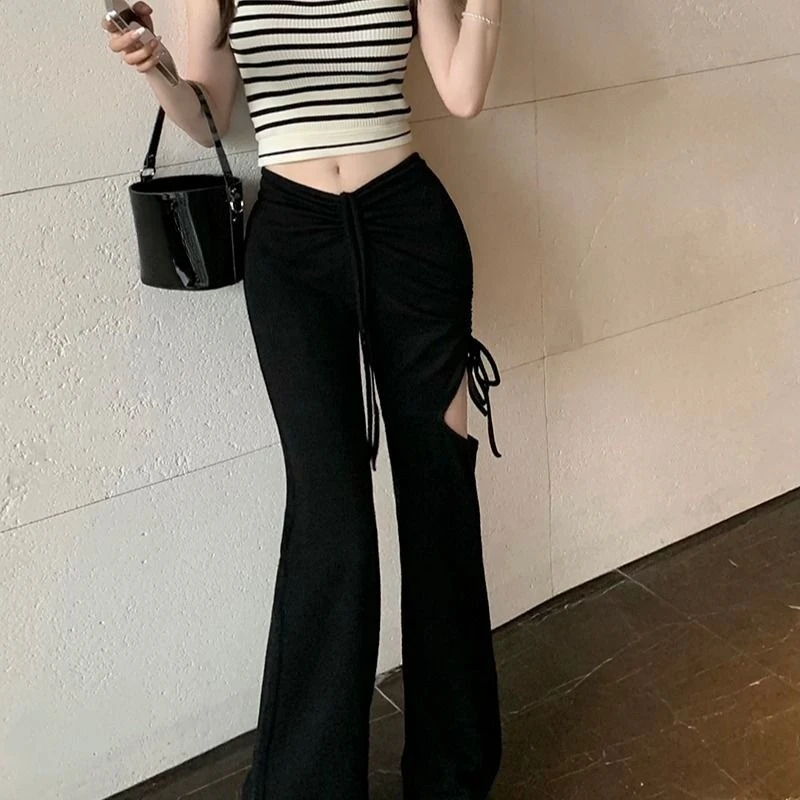 Women's Summer Flare Pants Y2k Ripped Denim Trousers High Waist Drawstring Baggy Jeans Streetwear Wide Leg Bottoms