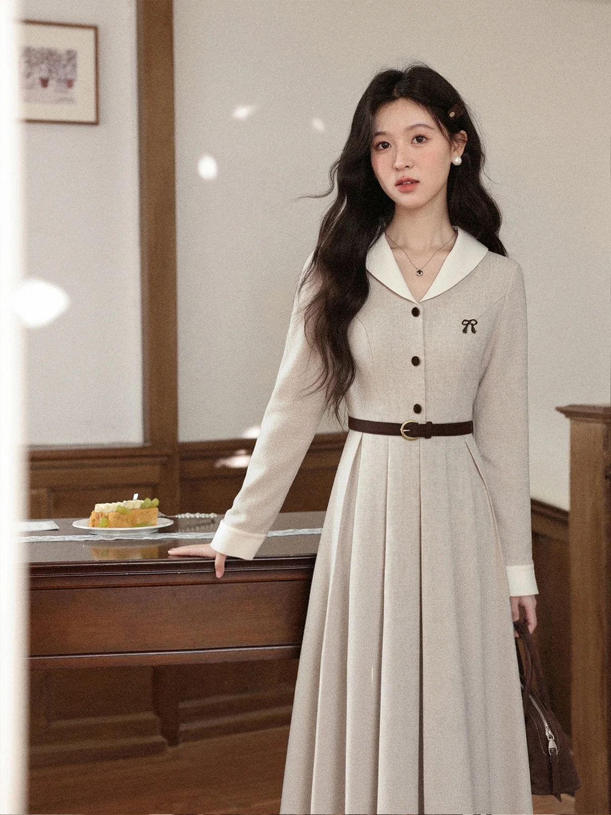 Swan South Commute Autumn Midi Dr Women's A-Line Knitted Long Sve Casual Single Piece Color Blo Design Ele Dr