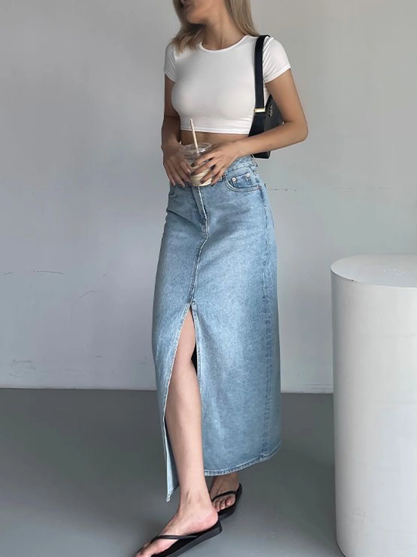 Retro Blue Slit Denim  Skirt Women's Loose Fit Slimming High Waist A-Line Long Skirt Casual Style European Fashion