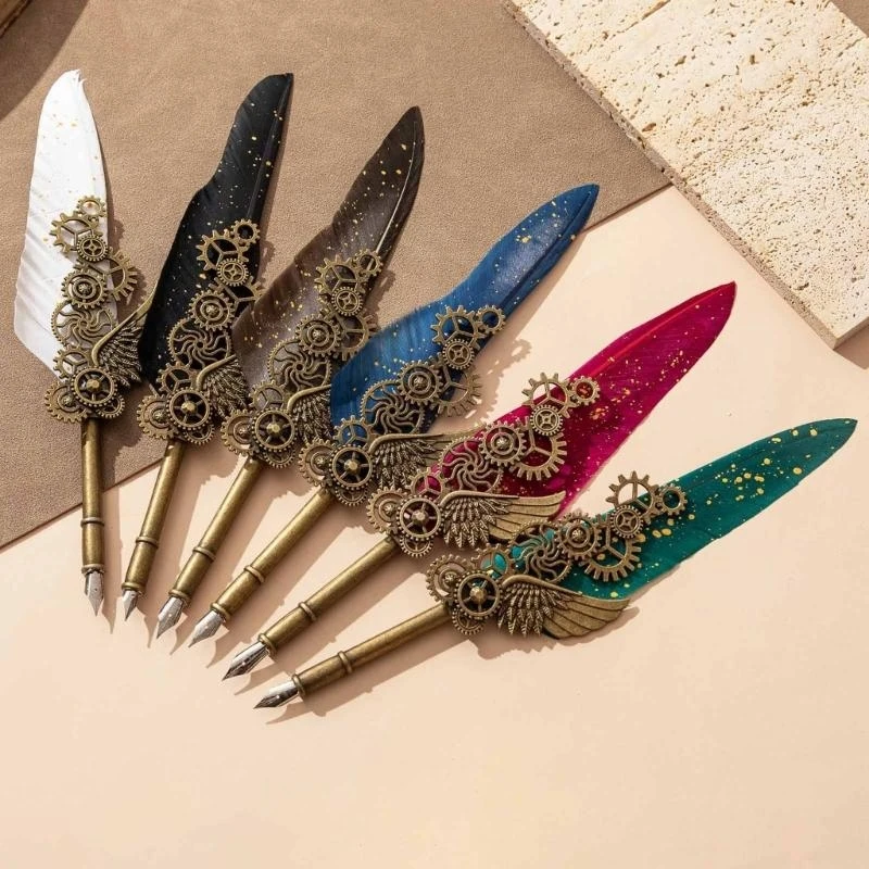 

HX6A Calligraphys Writing Pen Quill Pen and Inks Set Calligraphys Pen Ancient Quill Dip Pen with 5 Nibs Gift