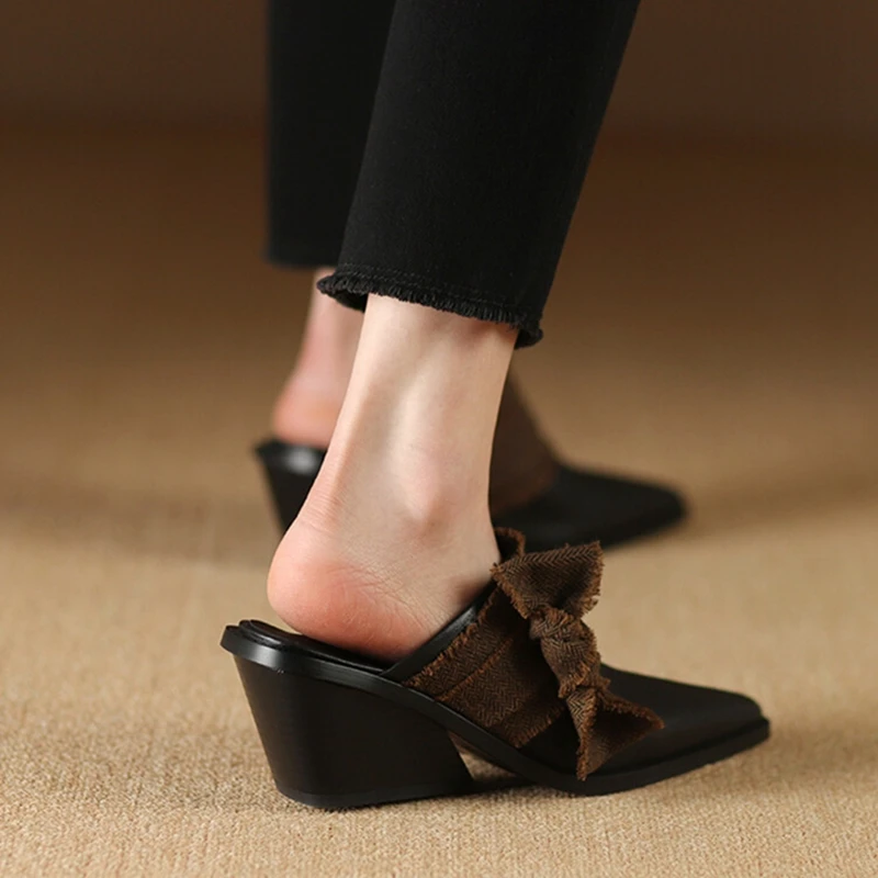 NEW Summer Women Mules Genuine Leather Shoes for Women Cover Toe Wedges Slippers Bow Knot Pointed Toe Black Women Sandals