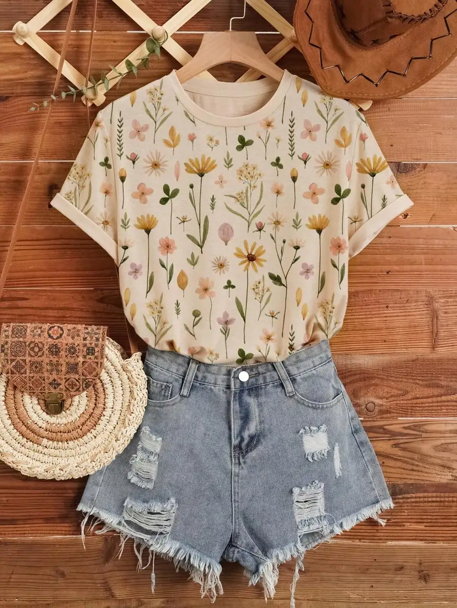 

Women's Floral Print Round Neck Short Sleeve Casual T-Shirt
