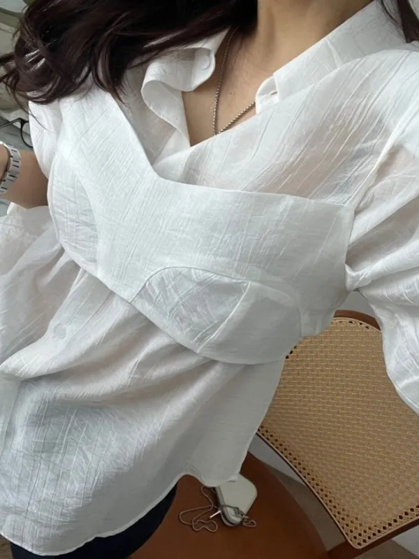 

Модный комплект East Gate Design: женская блузка с длинным рукавом и прозрачный жилет на пуговицах из смесового хлопка для повседневной носки