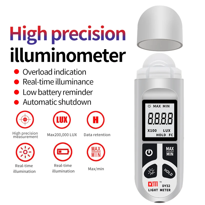 DY32 Digital Illuminance Meter Light Meter Handheld Lux Tester LCD 0-200,000 Lux/Fc Pocket Luxmeter Photometer Grow Plants