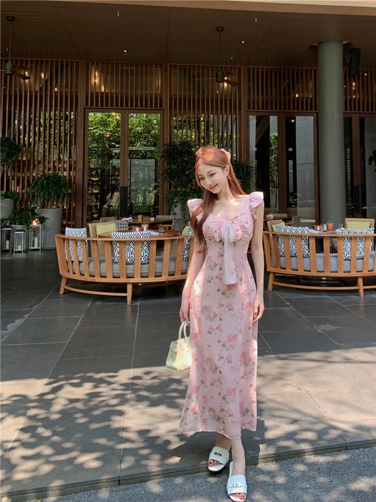 Bowtie floral V-neck flying sleeve dress for women summer pink gentle long dress slim waist A-line Dress 2024 New