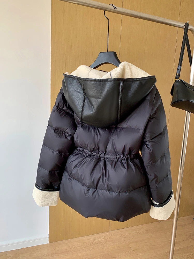 Schinteon Women Lambswool White Duck Down Jacket with Hood Autumn Winter Warm Outwear Casual Patchwork Coat European Style