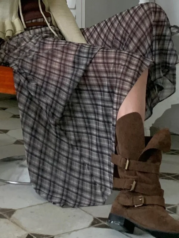 

Юбка трапециевидной формы с высокой талией, женская летняя новая винтажная полупрозрачная шифоновая юбка в клетку, вышитая юбка для поездок на работу