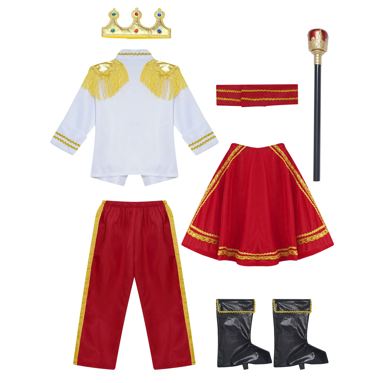 Kids Boys Halloween Medieval Royal King Prince Roleplay Outfit Tops+Pants+Cloak+Crown+Scepter+Socks