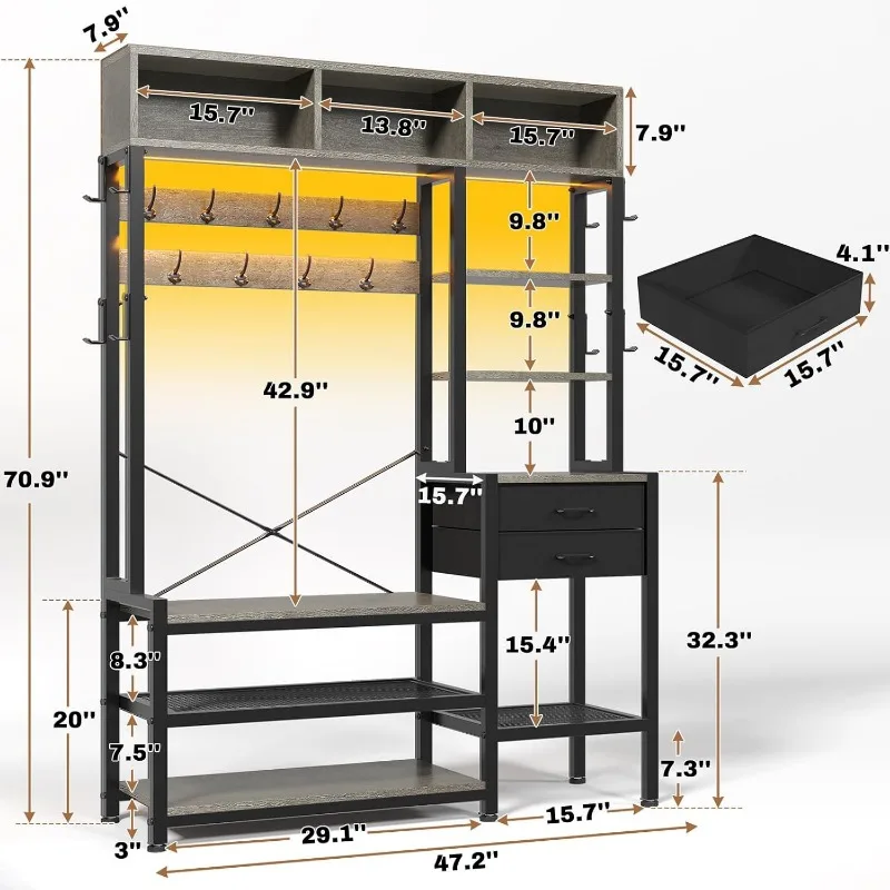 Hall Tree with Bench and Shoe Storage, 7-in-1 Entryway Bench with Coat Rack, 3 Storage Cubbies