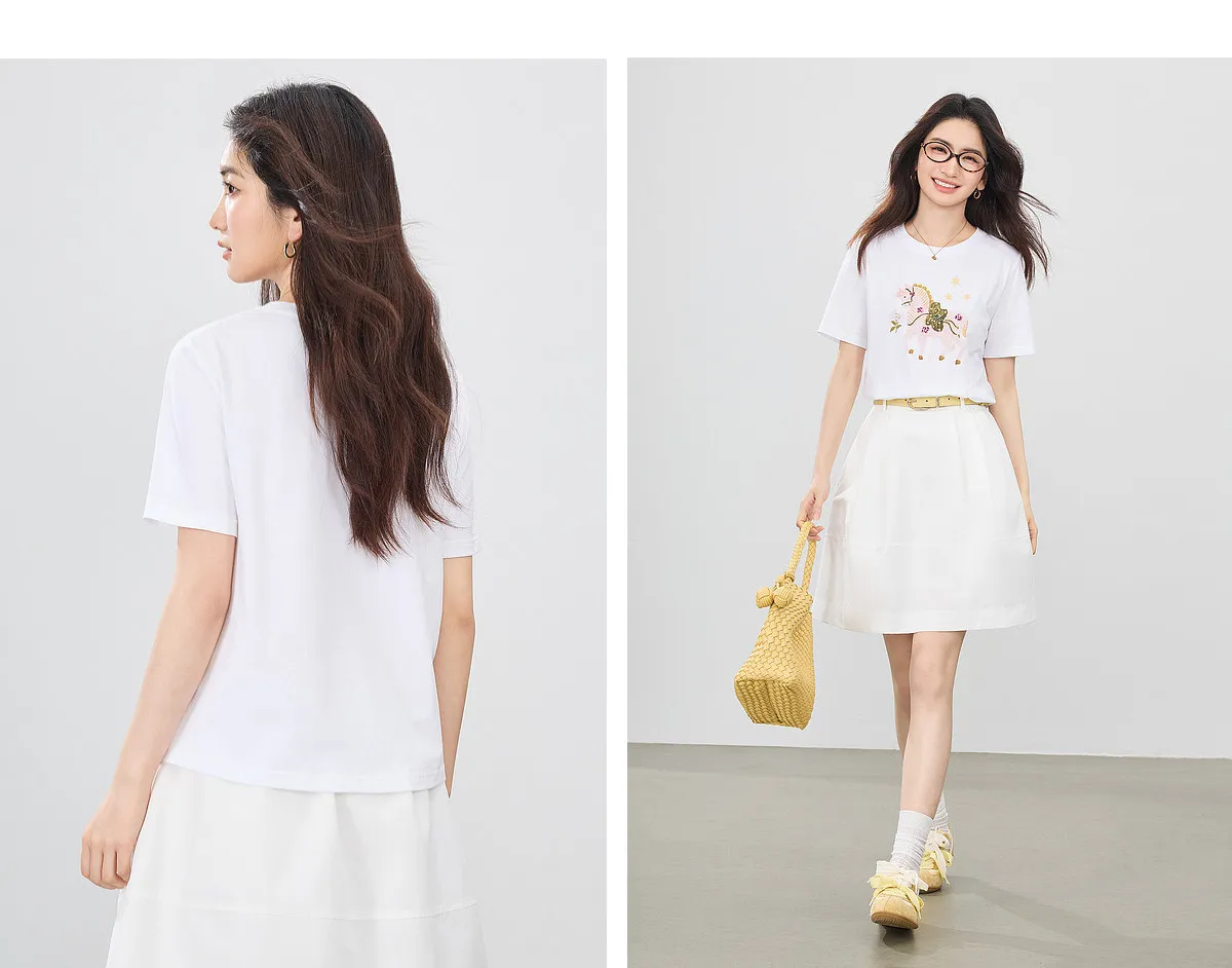 SENTUBILA Damen-T-Shirt mit Pferde-Print, 100 % Baumwolle, Sommer 2026, gerippter Rundhalsausschnitt, handbestickte Details, lässiges Alltags-Oberteil 162TG7259 – Detail 26