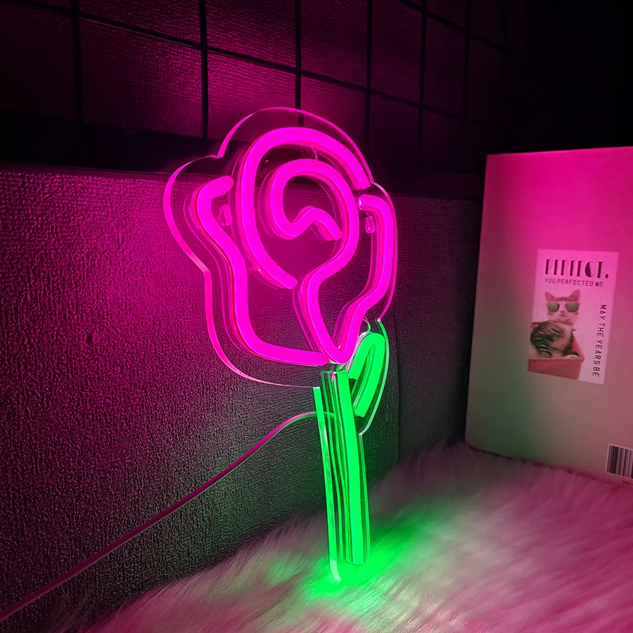 لافتة نيون LED على شكل زهرة، وردة وردية مع أيقونة جذعية خضراء، تستخدم لغرفة النوم، والإكسسوارات المنزلية، ومتجر الزهور، والحفلات، وديكور العطلات. #5