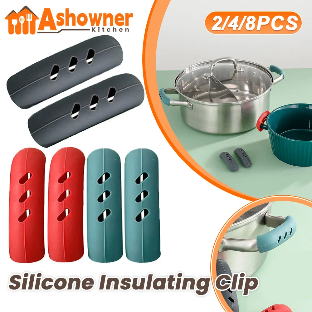 2/4/8Pcs Silicone Pan Handle Cover Pot Holder Heat Resistant Covers Pot Non-slip Ear Clip Steamer Pan Handle Holder Kitchen Tool