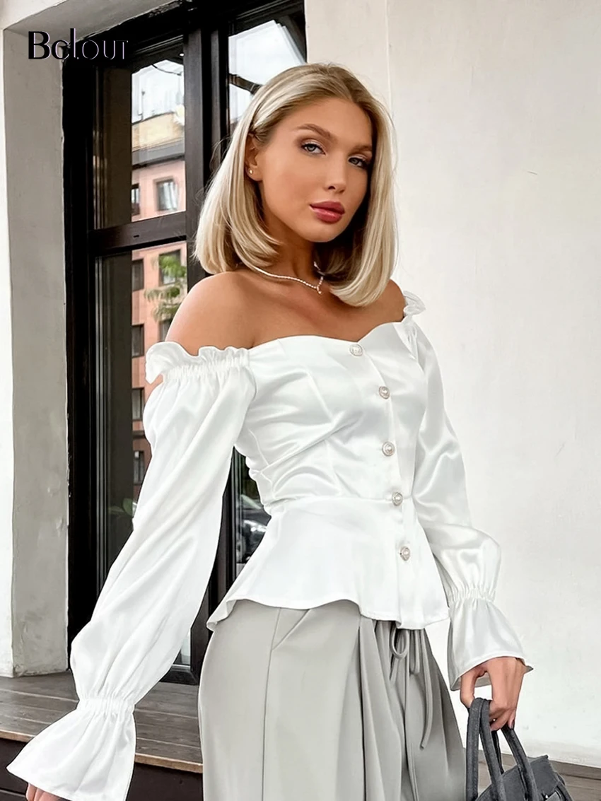 Bclout Vintage Satin White Shirts Blouses Female Elegant Solid Off Shoulder Sexy A-Line Tops Fashion Buttons Office Lady Shirts