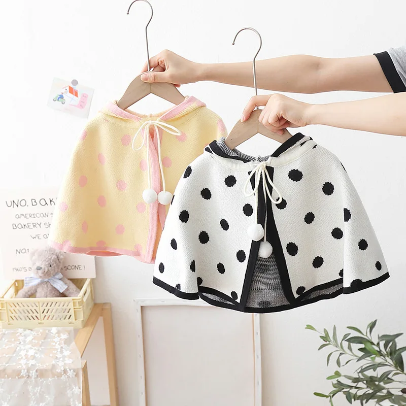 Children Sweater Korean 2025 New Autumn and Winter Girls Knitted Cardigan Polka Dot Hooded Cape Simple and Versatile