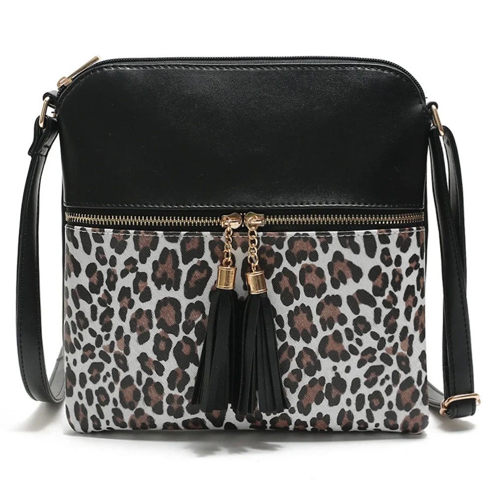 Bolsa borla com estampa leopardo para mulheres, bolsa de ombro única pingente duplo, contraste