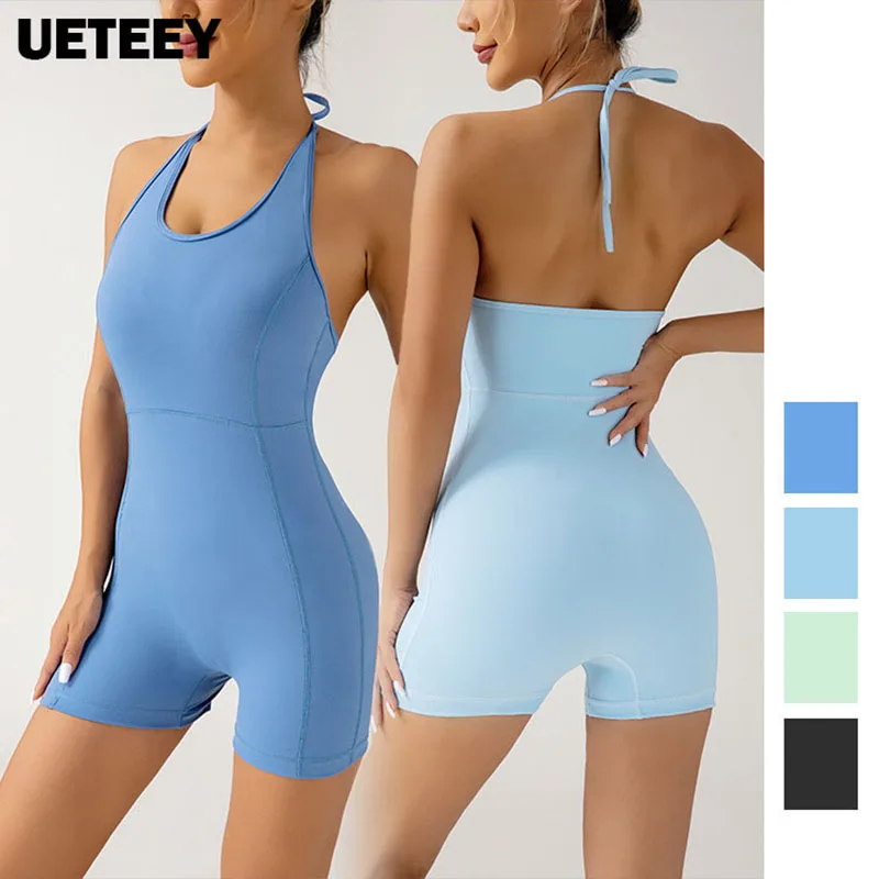

One-Piece Short Sports Suits Hanging Neck Bandage Fitness Jumpsuits Beautiful Back Yoga Set with Chest Pads Female Gym Overalls