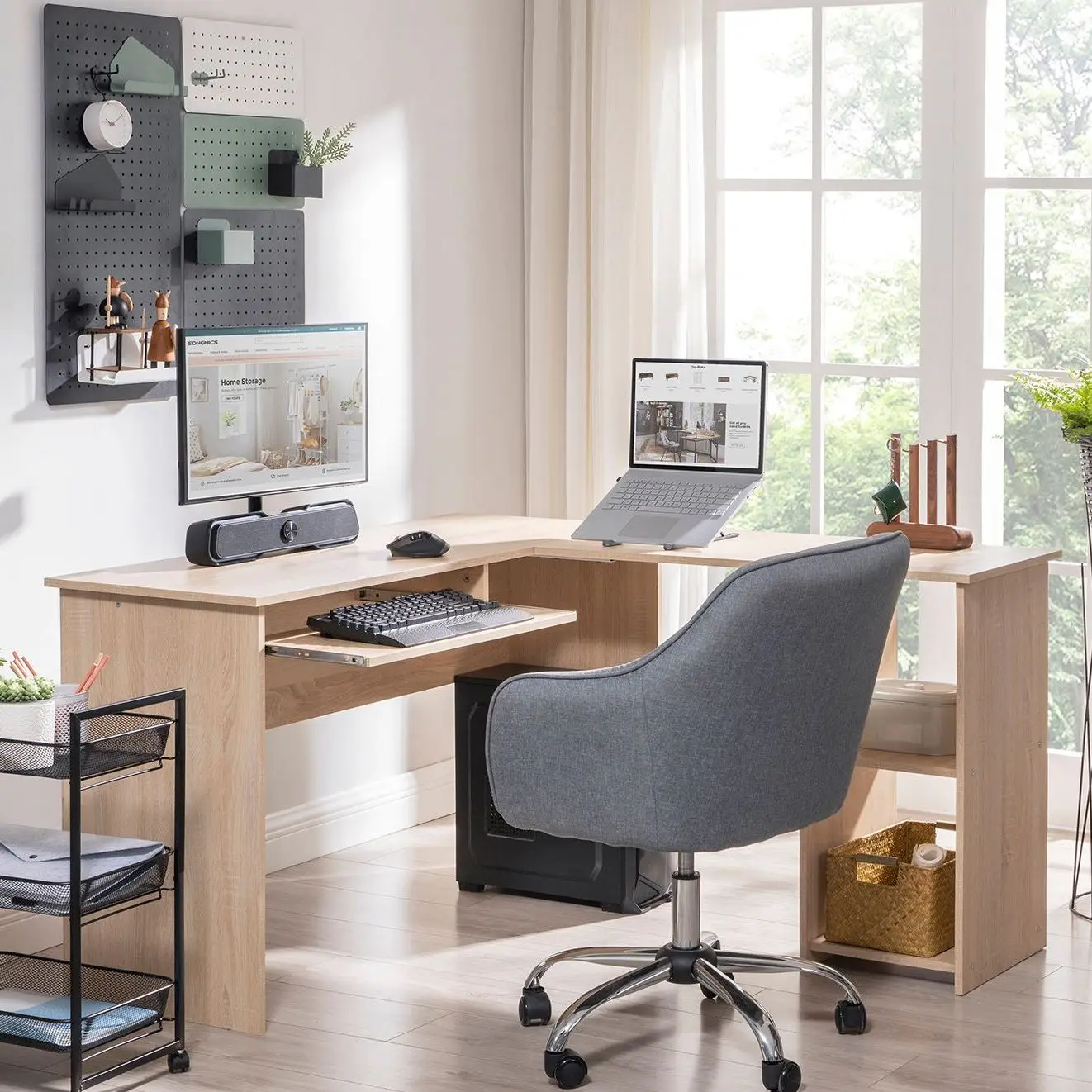 L Shape Computer Desk Desk Corner Desk with 2 Shelves 60x30cm Keyboard Tray Office Study Room 140x120x75cm Oak Color