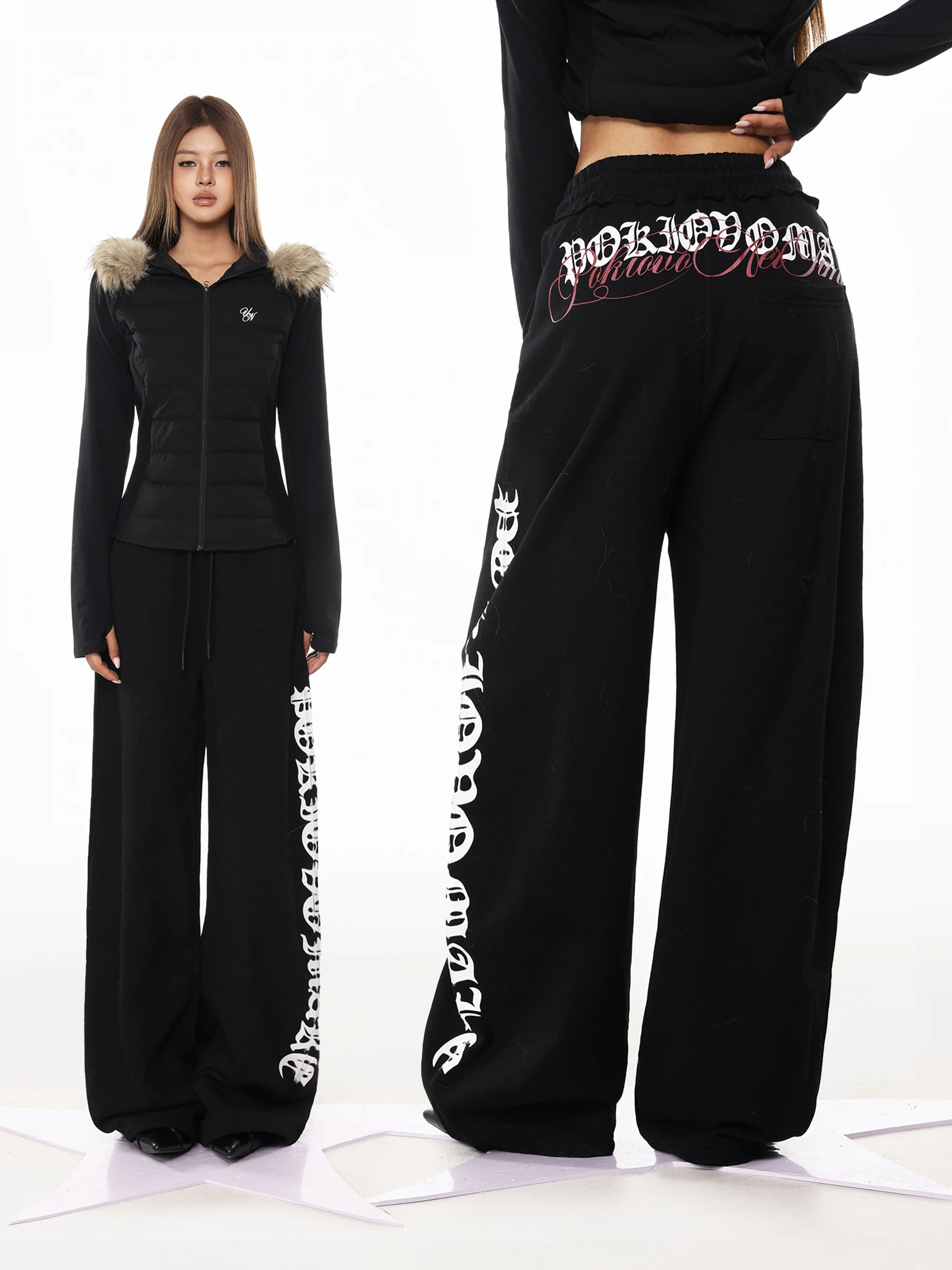 

American Retro Street Sle Printed Letter Casual Pants Women Winter Slim Straight Long Trousers Comfortable Loose Fit