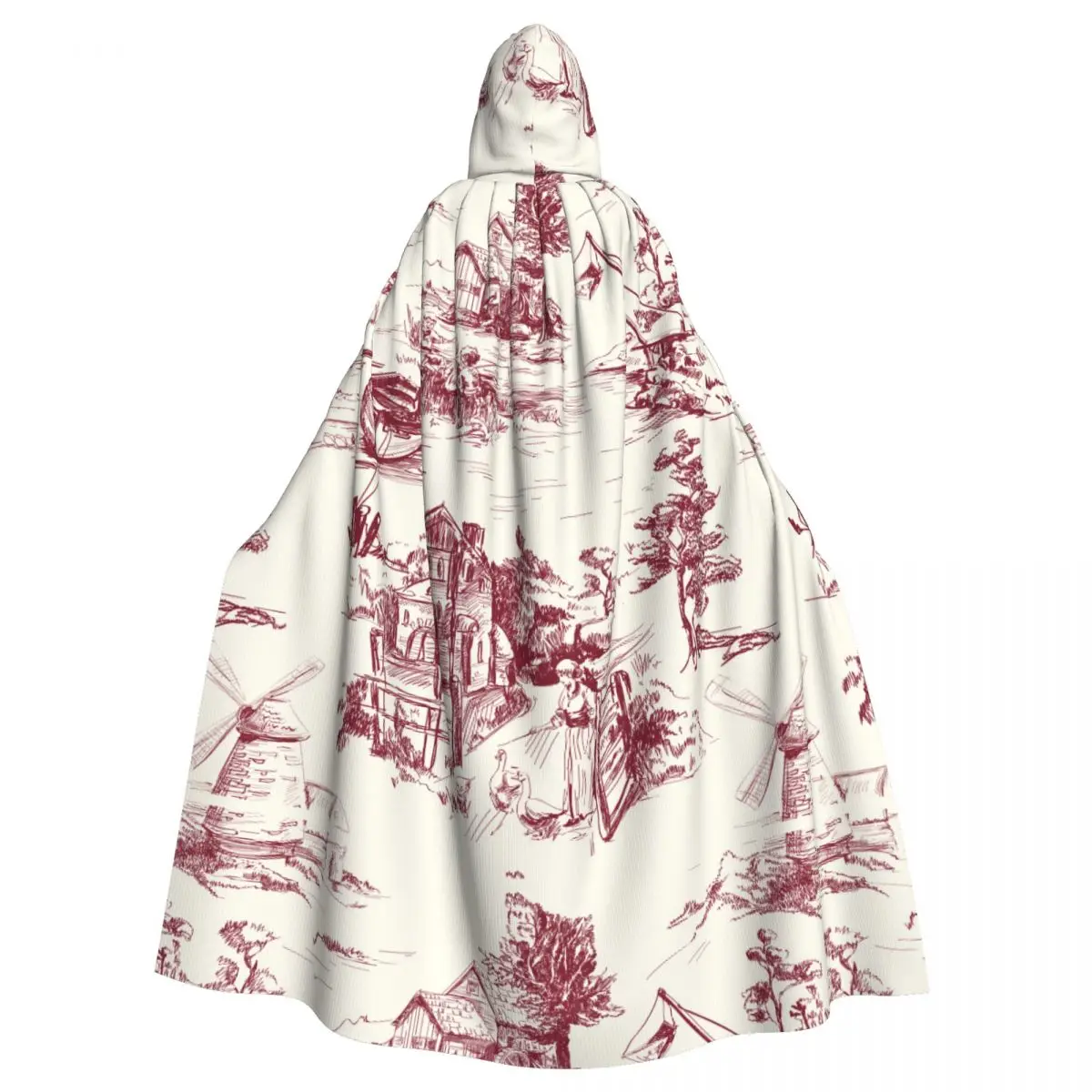 

Long Cape Cloak Classic French Town Toile White And Red Color Hooded Cloak Coat Autumn Hoodies