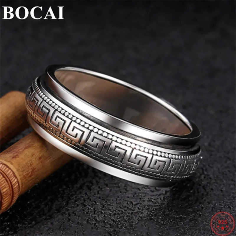 

BOCAI S925 Sterling Silver Rings for Men Women 2023 New Fashion Greatwall Pattern Rotatable Wide Pure Argentum Amulet Jewelry