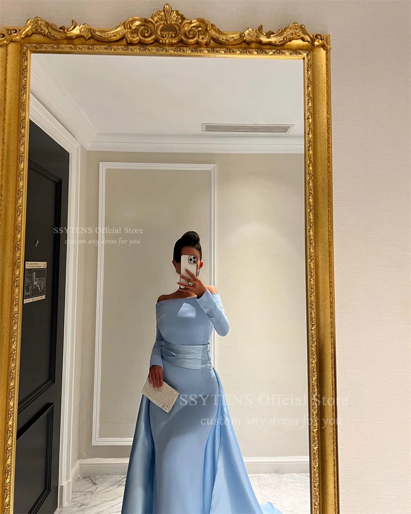 SSYTENS Blue Boat Neck Dubai Evening Dresses Floor Length Customized Prom Gowns Saudi Long Formal Occasion Dresses for Women