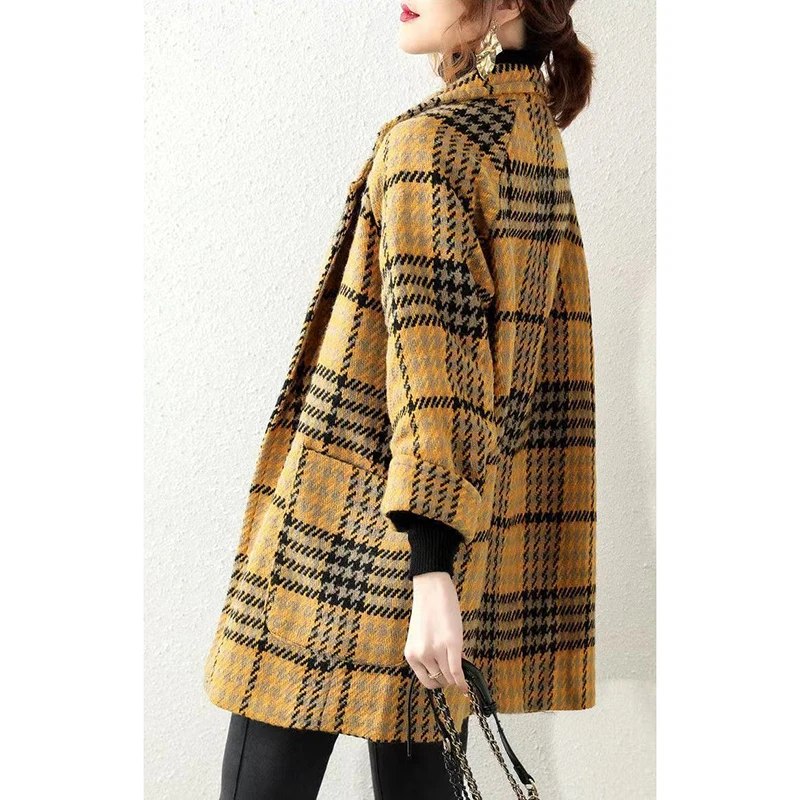 Plaid Casual Wollen Windjack Vrouwen Overjas Herfst Winter 2025, Nieuwe Koreaanse Losse Double-Breasted High-End Wollen Jas