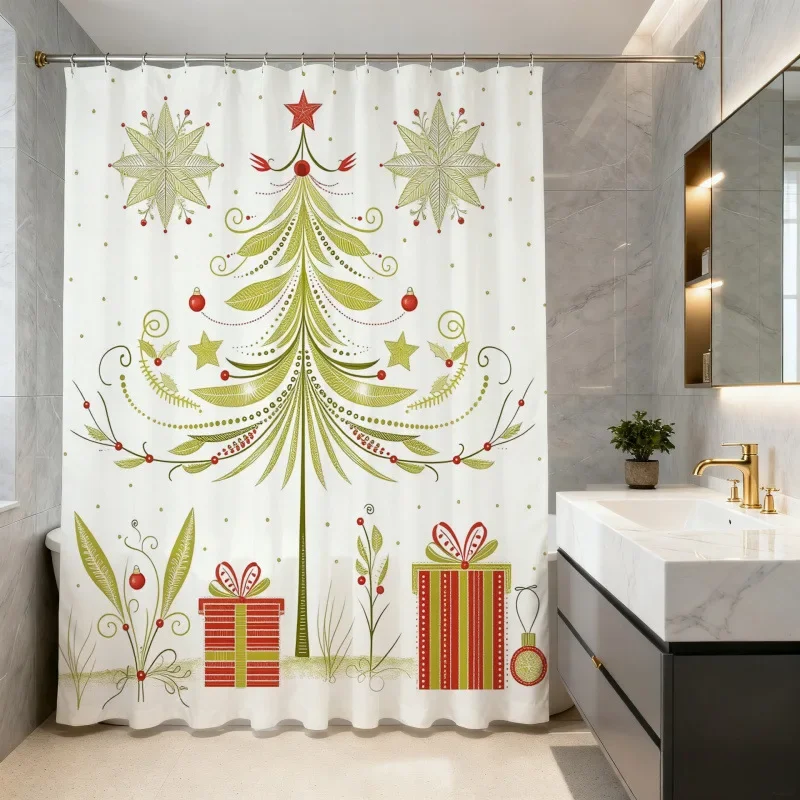 Christmas Shower Curtain Snowman Gingerbread Man Santa Xmas Tree Reindeer Waterproof Bath Curtain Holiday Decor w Hook