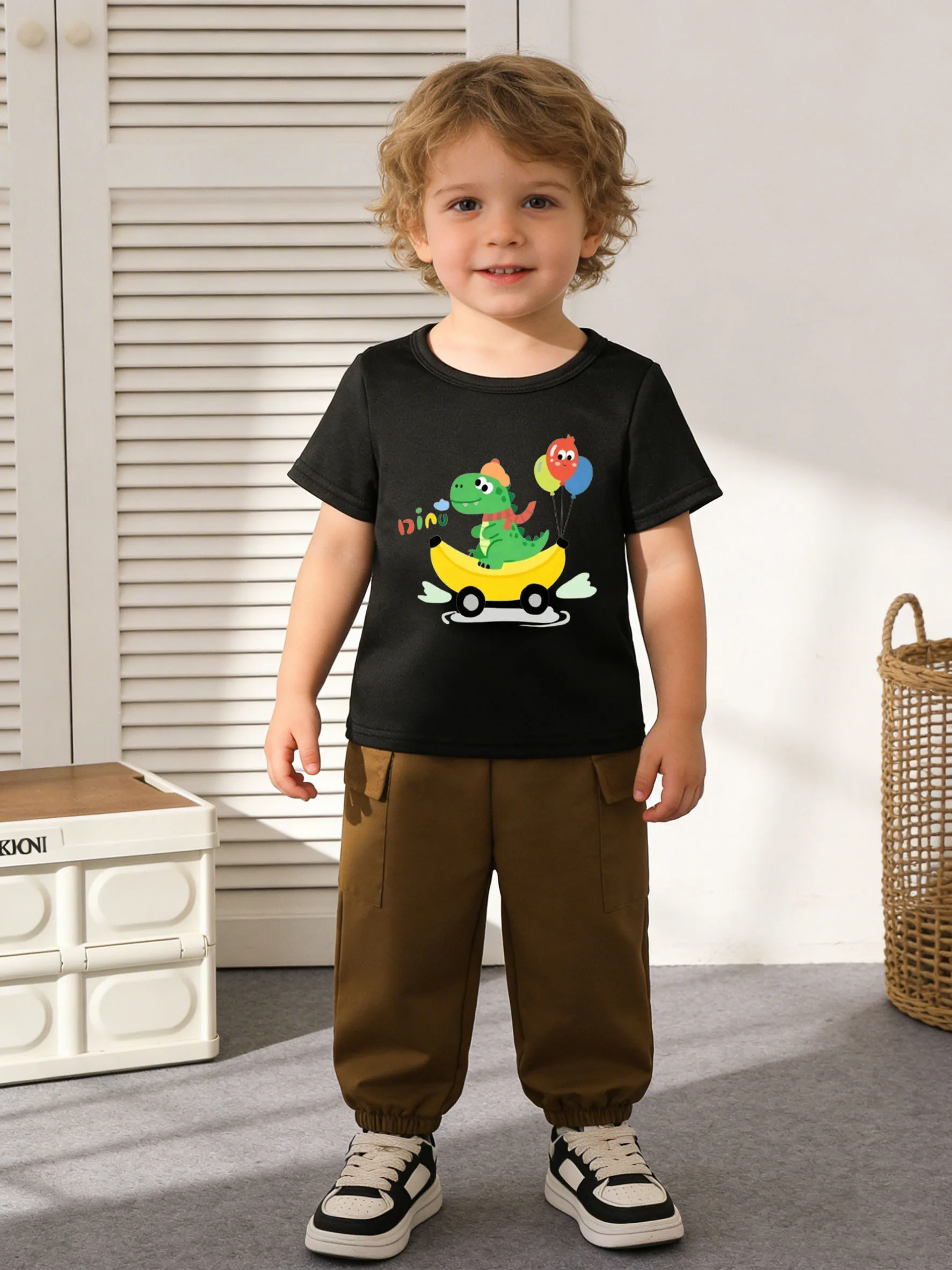 Black T + Brown Cargo Pants: Dino Banana Car—Baby’s Outfit Highlight