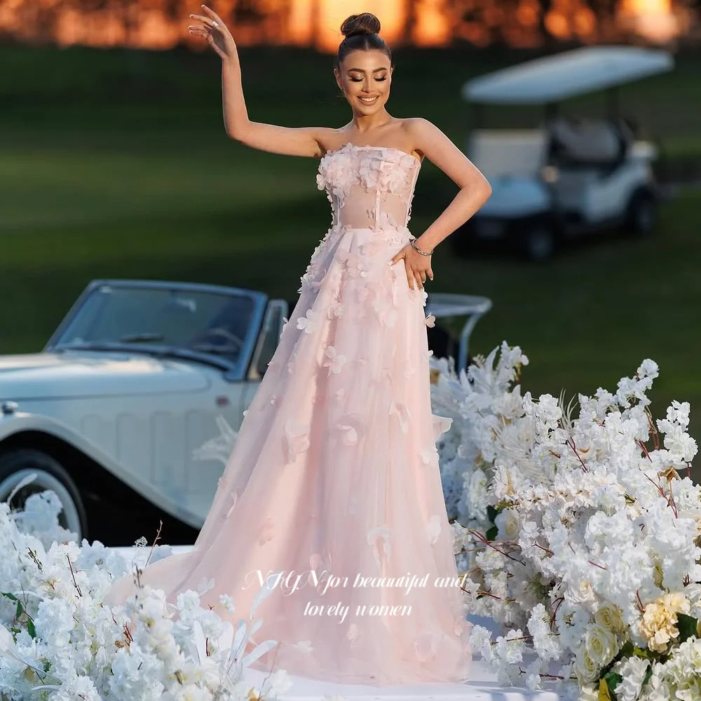 Vestido de princesa floral NFYN Vestidos de fiesta sin tirantes de color rosa Vestido de fiesta de una línea Flores 3D chter Personalizado