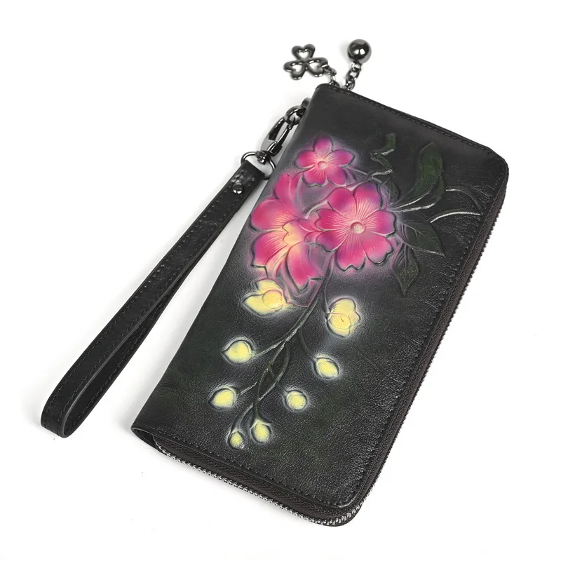 MOTAORA レディース ヴィンテージ レザー 長財布 ジッパー付き、花柄クラッチ財布、レディース用、RFIDカードホルダー レトロ リストレット ハンドバッグ