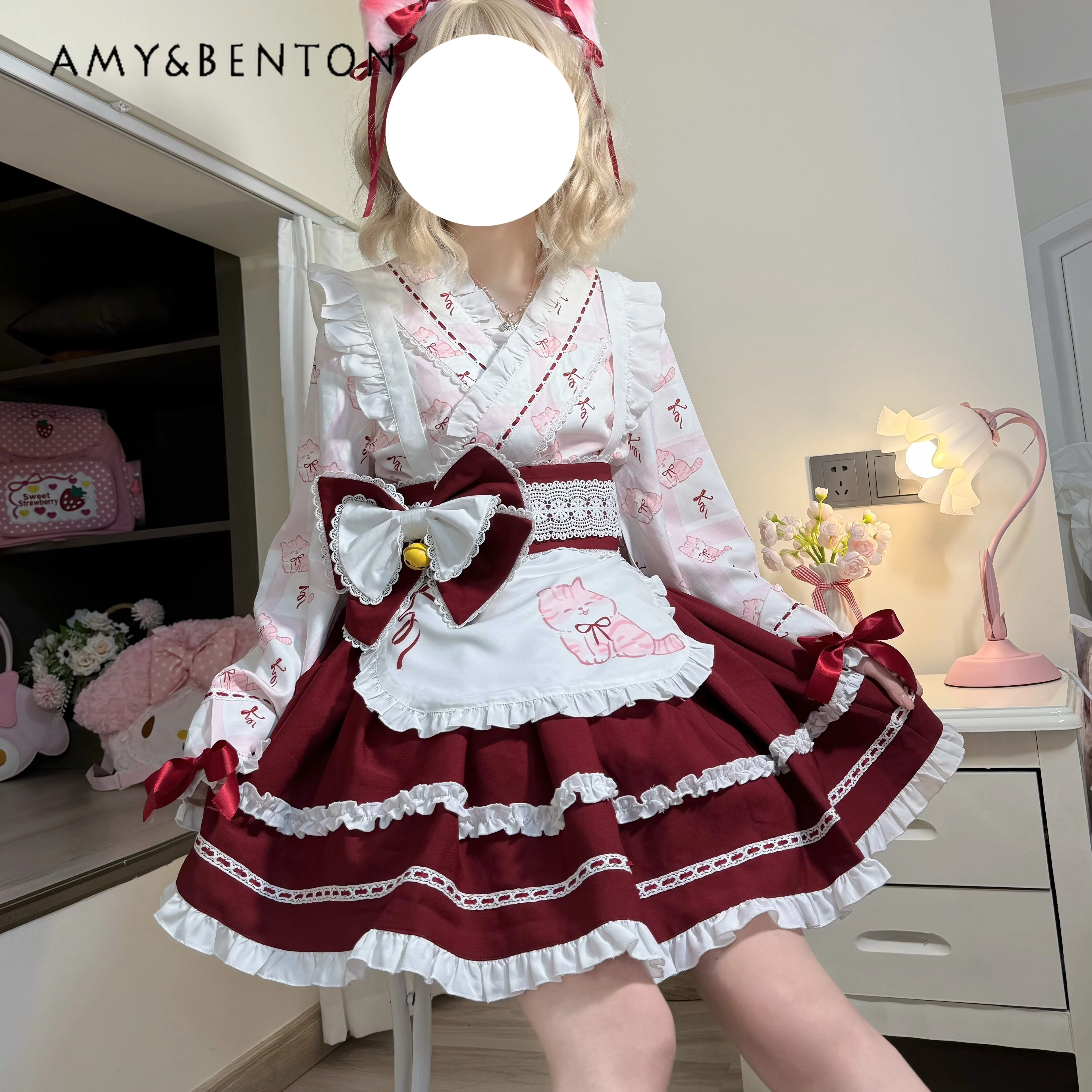

Spring and Autumn New Japanese Style Soft Girl Sweet Cute Red Lolita Top Skirt Apron Belt Hair Accessories Blue Maid Outfit Set
