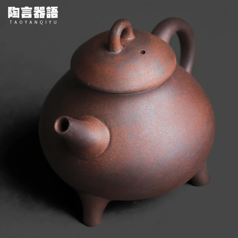 Vintage style rough pottery old rock clay square handle teapot with three feet design for Chinese tea ceremony tea brewing pots