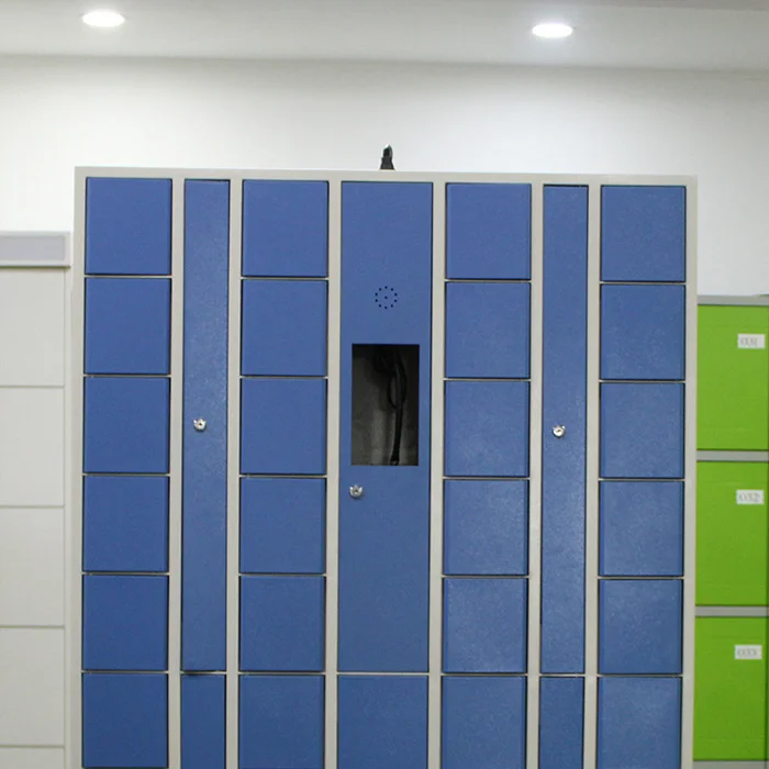 Wall-mounted 40-slot aluminum mobile phone locker with electronic lock, assembled for office, classroom and gym use