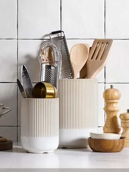 Utensil Holder for Kitchen Counter, 7.3'+5.4' Fluted Ceramic Utensil Crock Organizer for Countertop, Heavy Large Holder for Spat