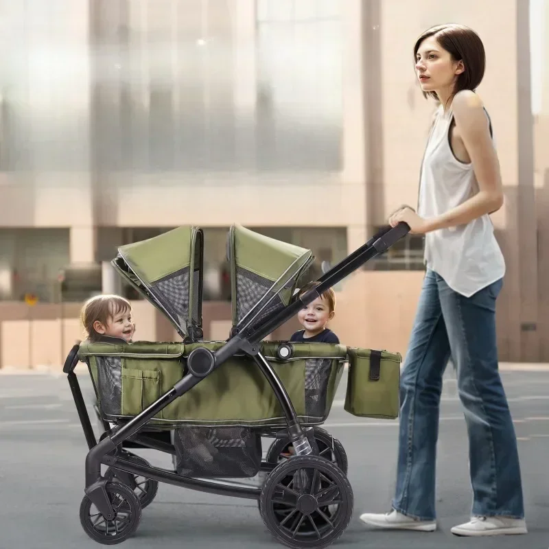

All-Terrain Stroller Wagon 2 Seats Foldable Expedition 2-in-1 Collapsible Stroller Parent Organizer Snack Tray & Cup Holders