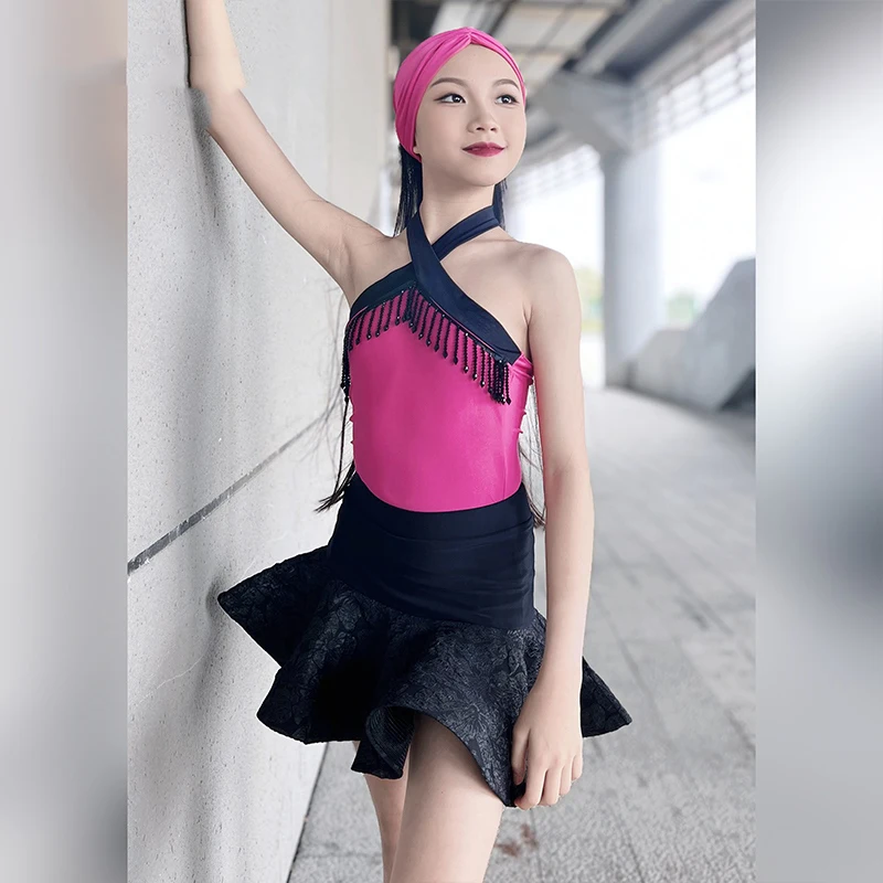 

Hot Pink Latin Dance Clothes Girls Tassel Tops Black Lace Skirt Summer Performance Costume Cha Cha Competition Dress DNV22885