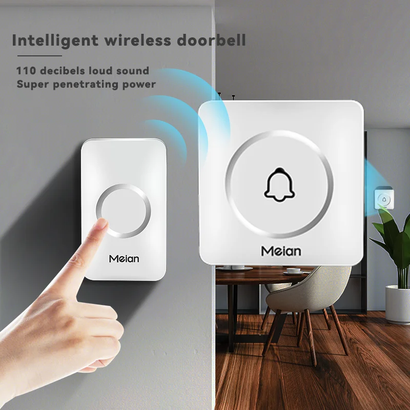 Meian Wireless Doorbell Welcome Chime Waterproof 300M Long-range Remote LED Flash 60 Songs Dingdong Security Alarm