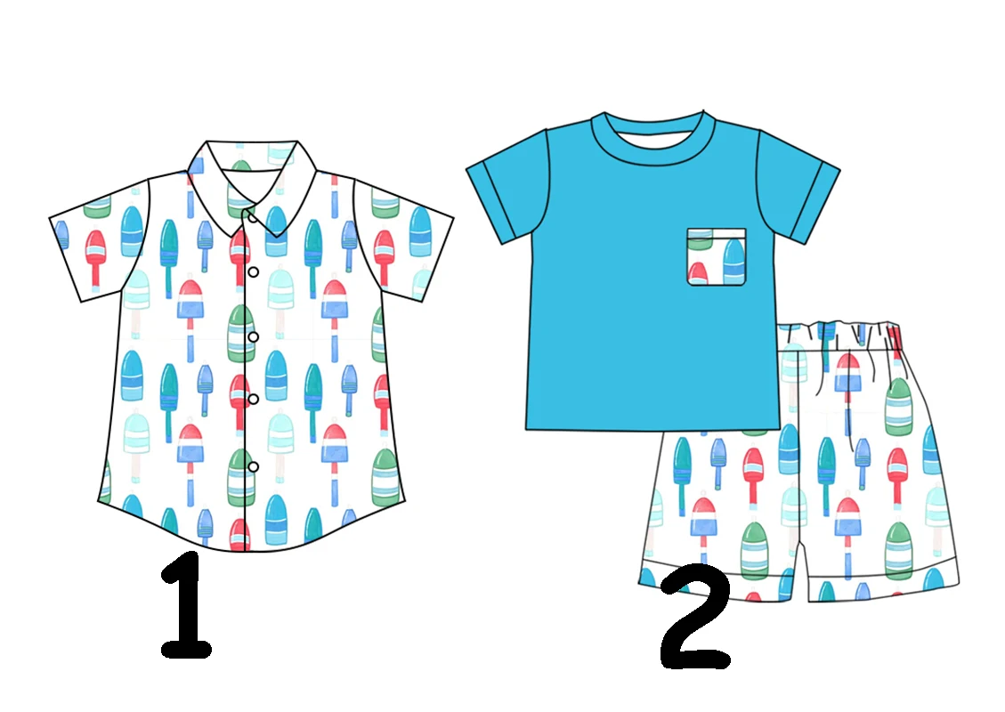 

Boys new lapel short-sleeved tops popsicle print blue round neck short-sleeved shorts suits custom milk silk wholesale