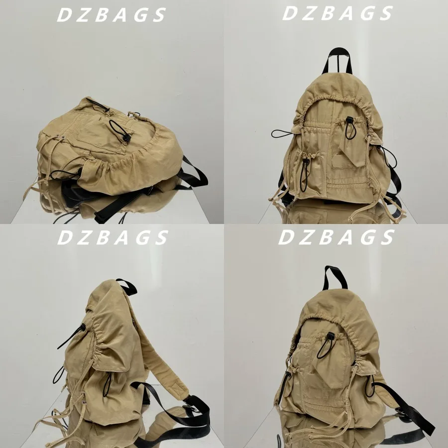 

【New Arrival】Women's Beige Drawstring Backpack, Lightweight Nylon Casual Rucksack with Multiple Pockets & Cinch Details, Minimalist Daypack for Daily & Travel