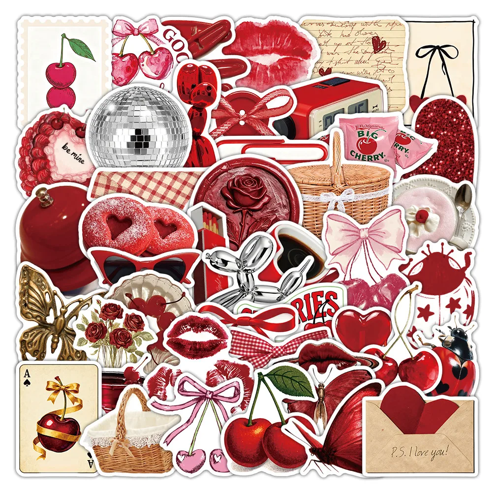 50Pcs Red Coquette Aesthetic Stickers Cute Cherry & Bow Decals for Journal Phone Case Decor Papery Pop Store