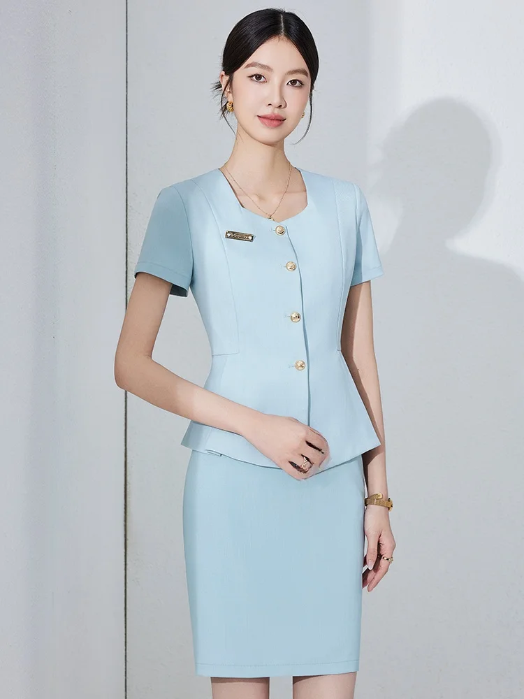 Light Blue Suit Set for Women Summer Beauty Salon Medical Aesthetics Jewellery Store Professional Work Uniform Short Sleeve