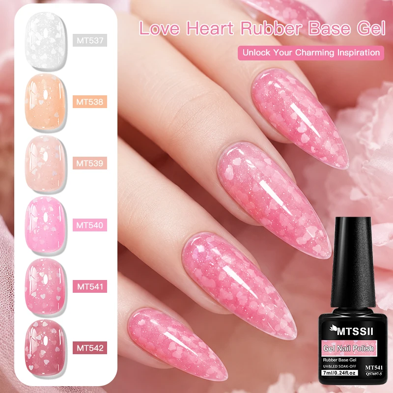 MTSSII Love Heart Rubber Base Gel 7ml 6 Colors Soak Off Nail Polish for Nail Art Manicure DIY Flexible Base Coat