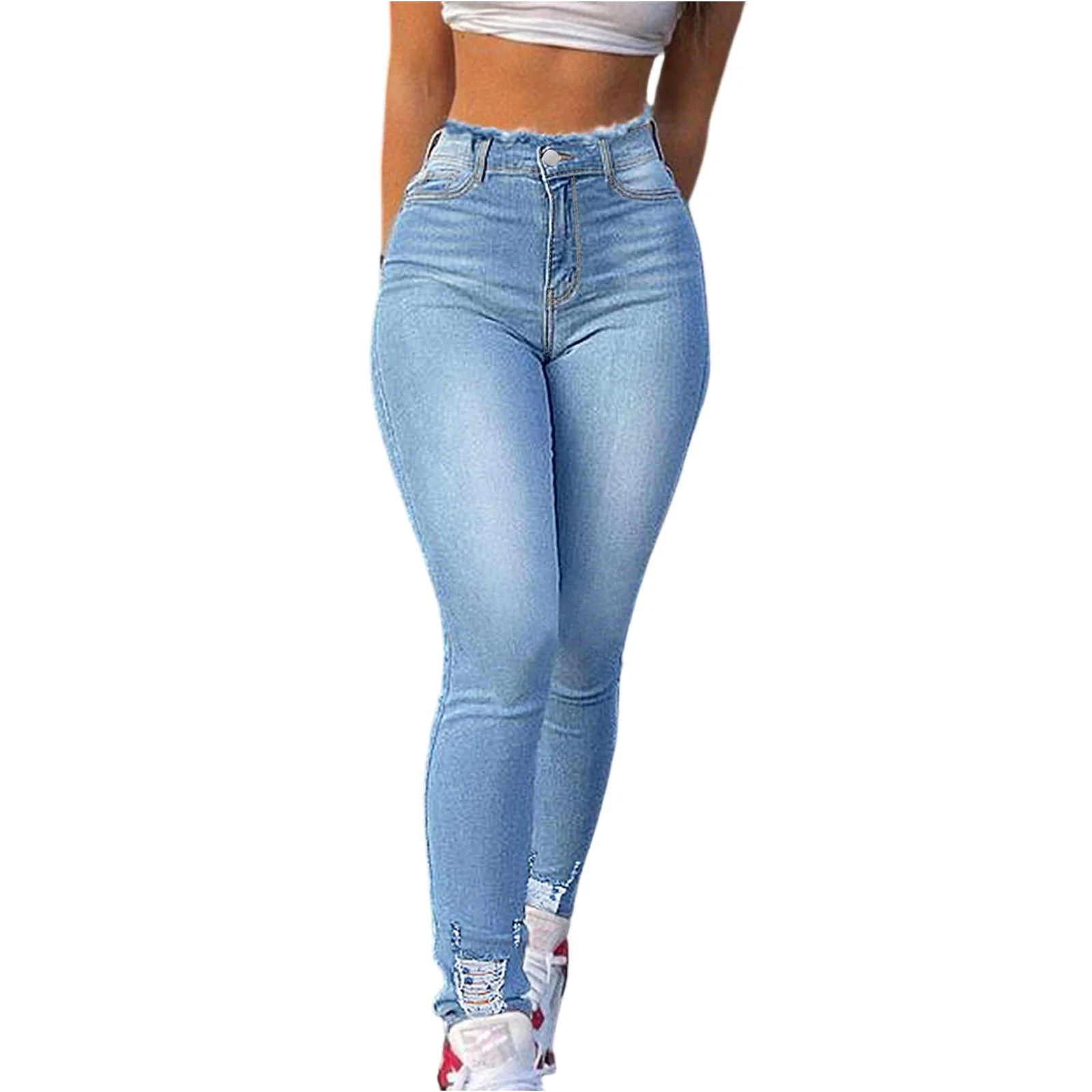

Women Frayed Hem Slim-Fit Jeans Button & Zipper Casual Stylish Light Blue Denim Pants with Pockets - Fashion Skinny Jeans