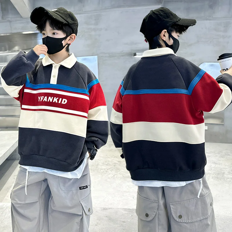 Spring Autumn Children Striped Polo Sweatshirt for Teenage Boys Casual Turn Down Collar Sweatshirt Kids Fashion Cotton Outfit