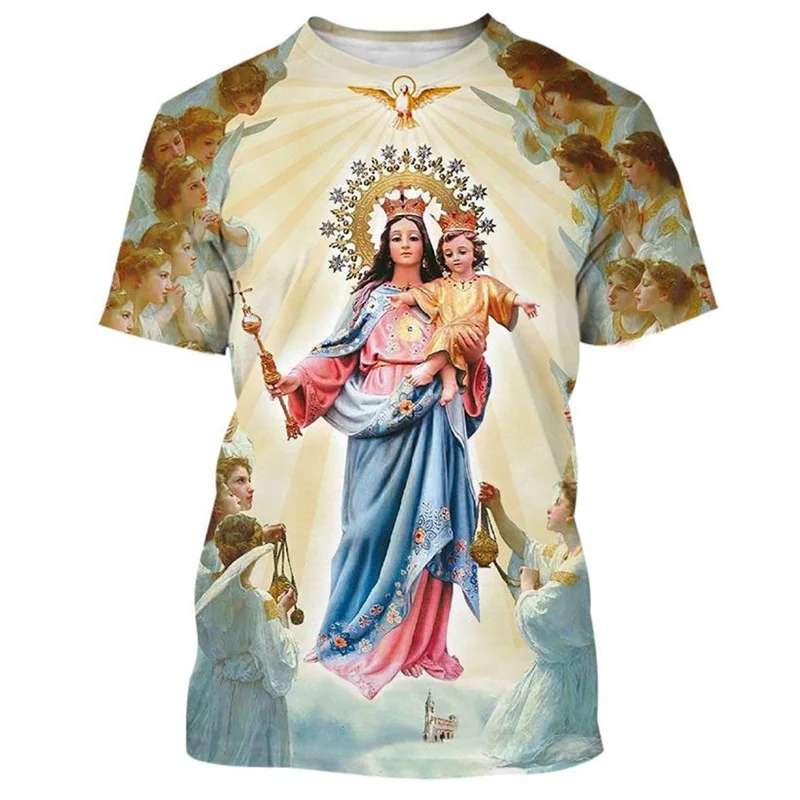 Guadalupe Mexico Virgin Mary 3D Printed T-shirt Fashion Casual Short-sleeved Harajuku Christian Faith T Shirt Tops Women Tees