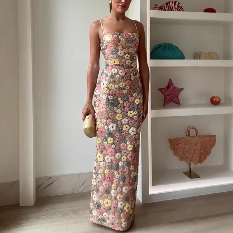 Abito da donna lungo da festa sottile con patchwork di fiori alla moda, abito lungo senza spalline, abito da festa da donna sexy senza maniche