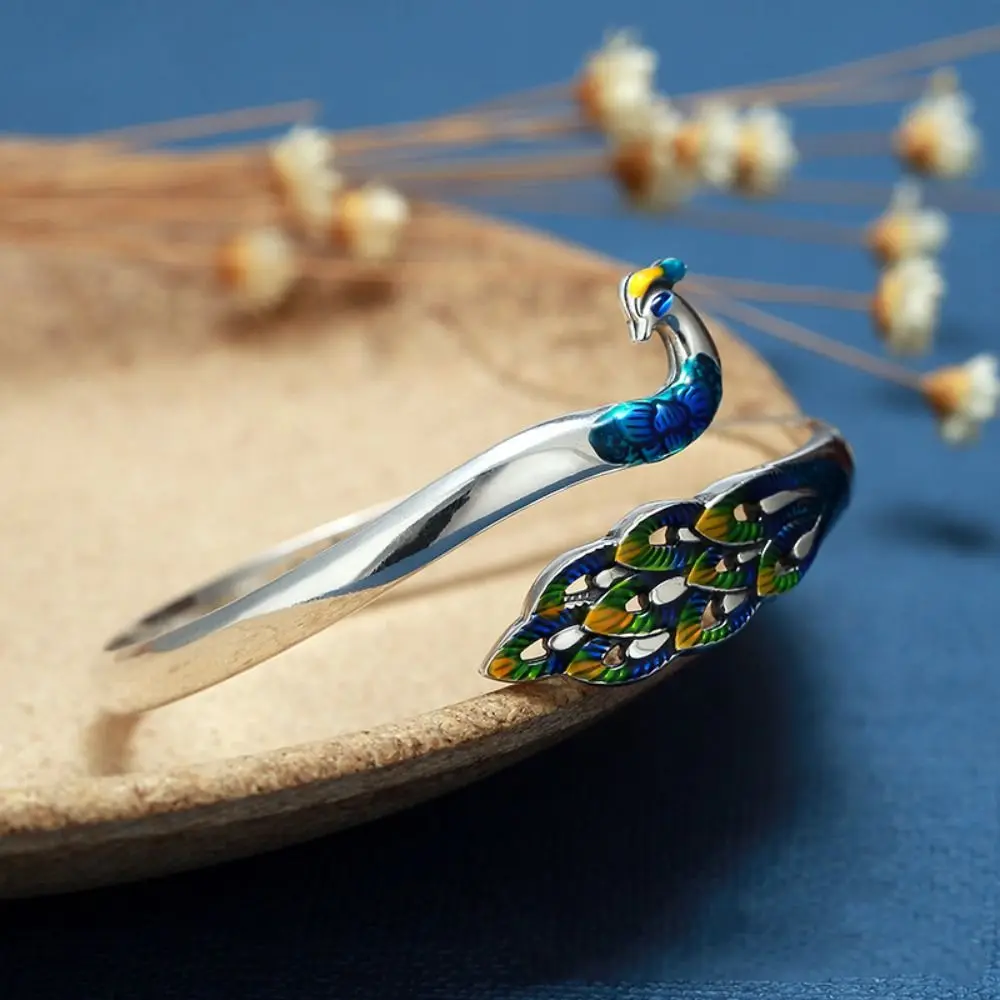 Hollow Peacock Opening Bracelet Vintage Enamel Chinese Style Bangle Hand Jewelry Traditional Ethnic Style Bracelet Jewelry Gifts